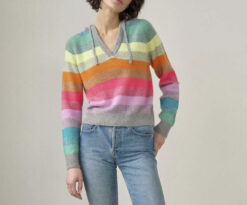 White + Warren Rainbow Striped Cashmere Knit Relaxed Hoodie Sweater Size Large