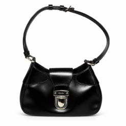 Prada Vintage 1990s Black Brushed Leather Push Lock Shoulder Bag Silver Italy