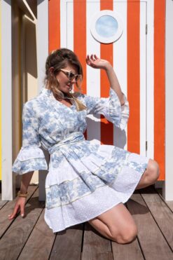 Pep's Cannes Blue Toile De Jouy Cotton Embroidered Belted Mini Dress Size 0