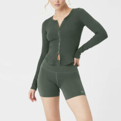 ALO YOGA Stardust Green Ribbed Full Zip Long Sleeve Jacket Top Small