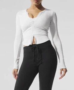 ALO YOGA Stardust White Ribbed Full Zip Long Sleeve Jacket Top Small