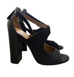 Aquazzura Black Suede Ankle Strap Block Heels Sandals Size 39.5