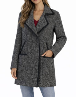 Cynthia Rowley Black White Tweed Leather Trim Long Coat Size 6