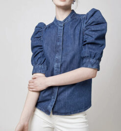 FRAME Gillian Blue Denim Puff Sleeve Shirt Top Blouse Size Small