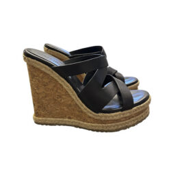 Jimmy Choo Prisma Black Leather Wedge Heels Slides Mules Sandals Size 38