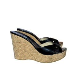 Jimmy Choo Perfume Black Patent Wedge Heels Slides Mules Sandals Size 38
