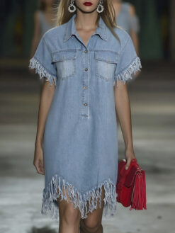 OYROSY NWT Blue Denim Fringe Runway Mini Shirt Dress Size Medium