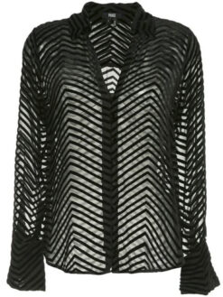 Paige Black Silk Velvet Burnout Stripe Long Sleeve Top Blouse Large