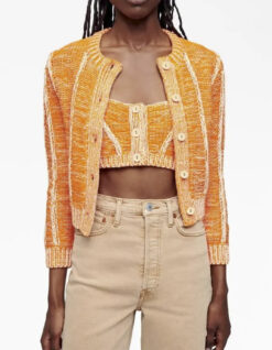 Re/Done Baby Crewneck Button Front Chunky Knit Cardigan Orange Combo XS