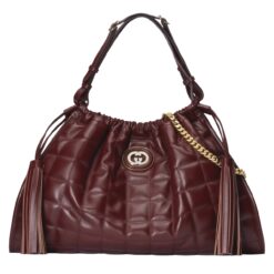 GUCCI Deco Medium Bordeaux Quilted Leather Slouchy Hobo Tote Chain Shoulder Bag