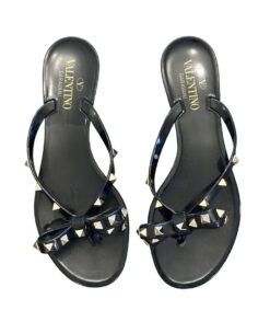 Valentino Garavani Black PVC Jelly Rockstud Thong Bow Flat Sandals Shoes 38