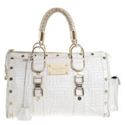 Versace Madonna White Greca Quilted Leather Logo Snap Out Of It Satchel Boston Bag