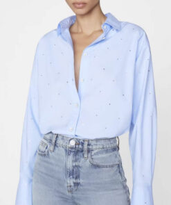 FRAME NWT Blue Oversized Rhinestone Long Sleeve Button Up Shirt Blouse XXS $398