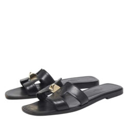 Hermès Oran Medor Pyramid Stud Black Leather H Slides Flats Sandals Size 37.5
