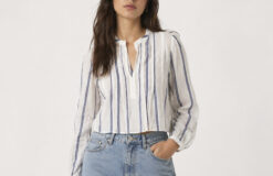 A.L.C. White & Blue Striped Cotton Long Sleeve V-Neck Top Blouse Size Small