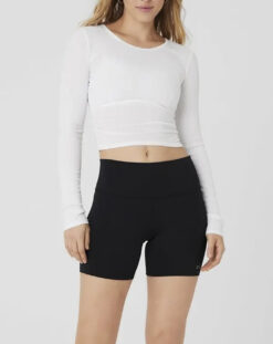 ALO Yoga Gather White Ribbed Long Sleeve Crew Neck Ruched Top Small