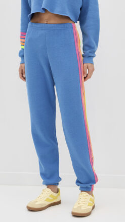 Aviator Nation Blue Neon 5 Stripe Logo Joggers Track Lounge Sweat Pants XS