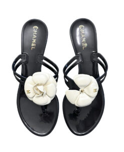 CHANEL Camellia Flower Black & White Thong PVC Jelly Sandals Size 38