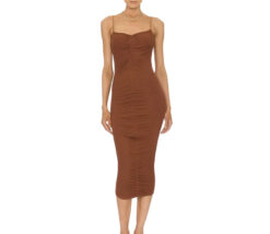 Enza Costa Ruched Silk Rib Knit Sleeveless Midi Dress Small Umber Brown