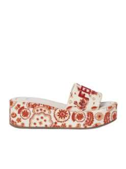 Alternative view of Fendi Camelia Sunshine Bandana Red Canvas Platform Mules Slides Sandals 38.5