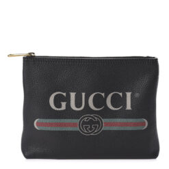 Gucci Black Pebbled Calfskin Web Stripe Logo Portfolio Clutch Bag