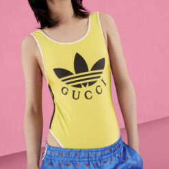 GUCCI x ADIDAS NWT Trefoil Print Web Stripe Yellow One Piece Swimsuit Small $790