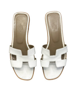 Hermès Oran White Leather H Slides Mules Flats Sandals Size 37.5
