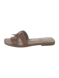Hermès Oran Brown Gold Leather H Slides Flats Sandals Size 37.5