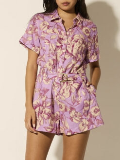 KIVARI Reyna Floral Linen Boho Belted Playsuit Romper Size 2 US