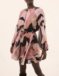 MISA Los Angeles Anthea Pink Printed Chiffon Tiered Mini Dress Small