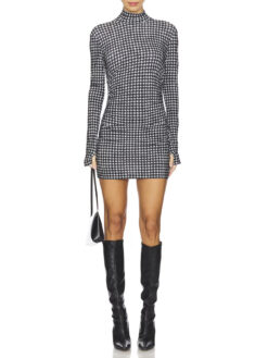 NORMA KAMALI Houndstooth Long Sleeve Turtleneck Pickleball Mini Dress M/38
