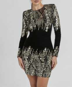 Nadine Merabi Kyra Sequin Black Stretch Velvet Mini Dress Size 4