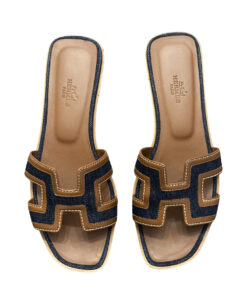 Hermès Oran Brown Gold Leather Blue Denim H Slides Flats Sandals Size 38