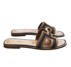 Alternative view of Hermès Oran Brown Gold Leather Blue Denim H Slides Flats Sandals Size 38