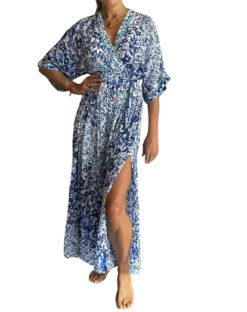Poupette St. Barth Adha Blue Floral V-Neck Flowy Boho Maxi Dress Size Small