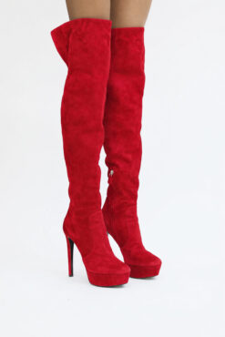 Prada Red Suede Over The Knee Thigh High Platform Heels Boots Size 39.5 Italy