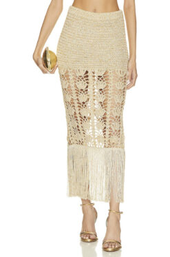 Retrofete Naida Gold Crochet Knit Fringe Maxi Skirt XS/Small $598