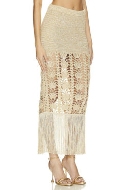 Alternative view of Retrofete Naida Gold Crochet Knit Fringe Maxi Skirt XS/Small $598