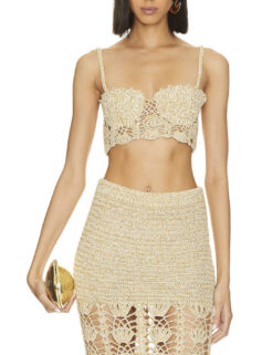 Retrofete Melody Gold Crochet Knit Pearl Seashell Cup Crop Top M/L $295