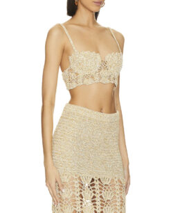 Alternative view of Retrofete Melody Gold Crochet Knit Pearl Seashell Cup Crop Top M/L $295