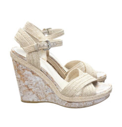 STUART WEITZMAN Minx Ivory Raffia Cork Wedge Ankle Strap Heels Sandals 7.5