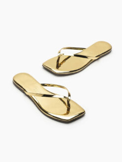 TKEES Lilly Gold Mirror Leather Square Toe Thong Sandals Size 39/8