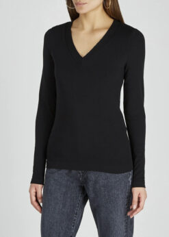 Wolford Aurora Black Stretch V-Neck Long Sleeve Shirt Top Medium New