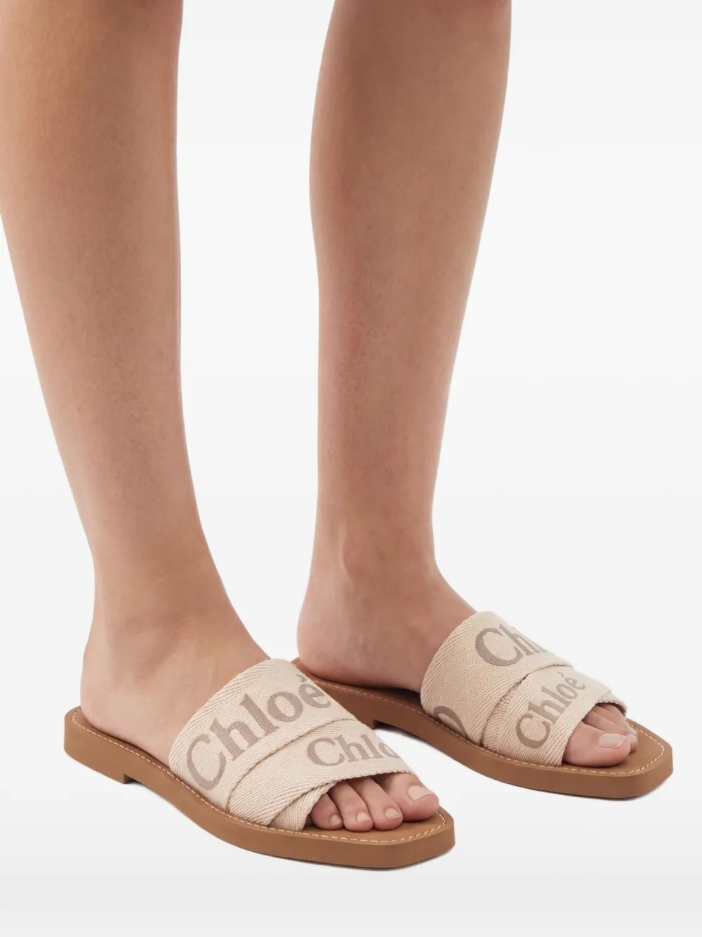 Chloe Woody Blushy Beige Logo Strap Slides Mules Sandals Size 40