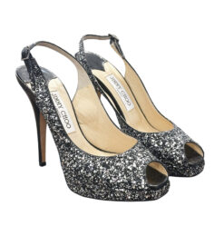 Jimmy Choo Clue Black Patent Silver Glitter Peep Toe Slingback Heels Pumps 37