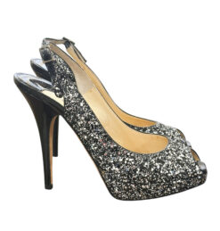 Alternative view of Jimmy Choo Clue Black Patent Silver Glitter Peep Toe Slingback Heels Pumps 37