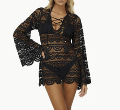 Pilyq PQ Noah Black Lace Long Sleeve Cover-Up Mini Beach Mini Dress M/L