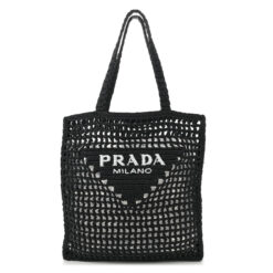 PRADA Black Raffia Crochet Embroidered Logo Woven Tote Bag