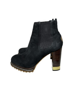Tory Burch Virginia Black Suede Logo Heeled Ankle Boots Size 7