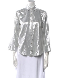 Alice + Olivia Silver Metallic Lame Button Up Top Blouse Size Medium